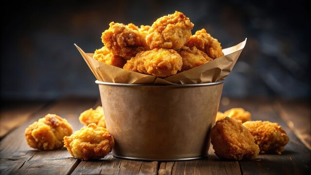 Crispy fried chicken nuggets in a paper bucket