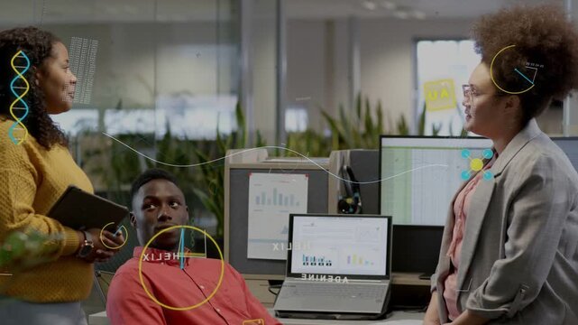 Left woman opening tablet, team reviewing laptop charts, data helix overlays sweeping, man laughing