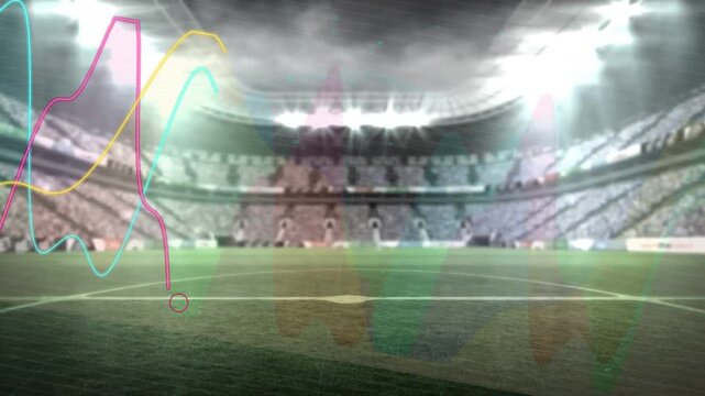 Color traces rising from left tracing wavy lines crossing, settling over center circle showing data