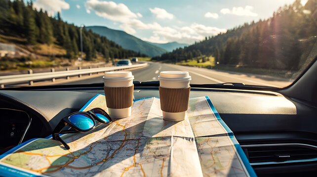 Road trip planning with map coffee cups and sunglasses inside vehicle