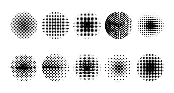 Set of Ten Circular Halftone Dot Pattern Graphic Elements