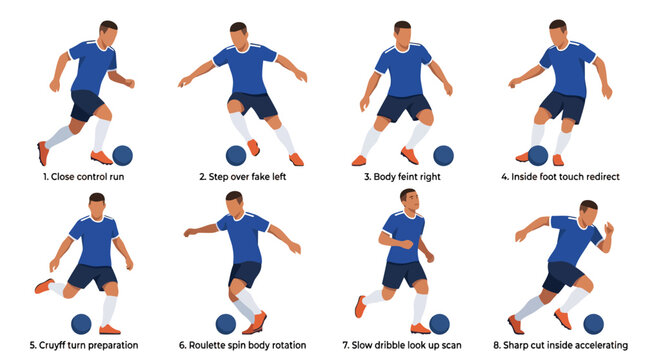 Soccer player dribbling skills and ball control techniques collection. EPS Editable