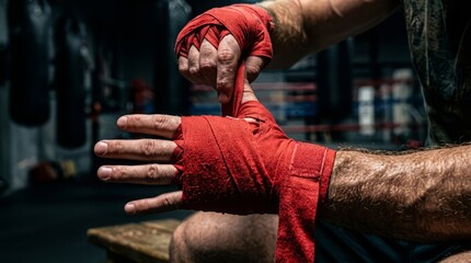 Obraz premium Close-up of an athlete wrapping hands with red boxing bandages for training session in a gym
