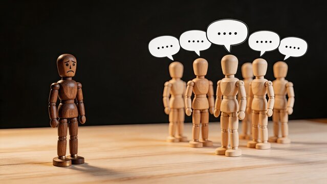 Sad lonely wooden doll excluded from group, social isolation and bullying concept, outcast feeling alone against crowd of people talking together with speech bubbles