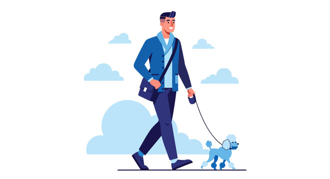 Man walking his small dog on a leash outdoors.