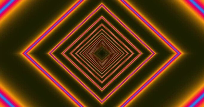 Abstract motion background with glowing colorful rhombus shapes moving in a seamless tunnel effect, neon light geometric animation.