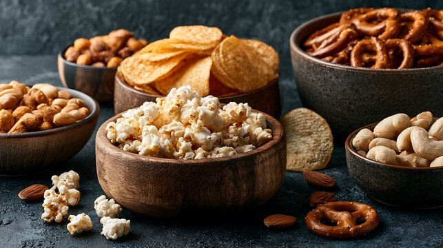 Assorted savory snacks in wooden bowls on a rustic dark textured background