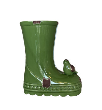Green Ceramic Boot Vase with Bird Figurine