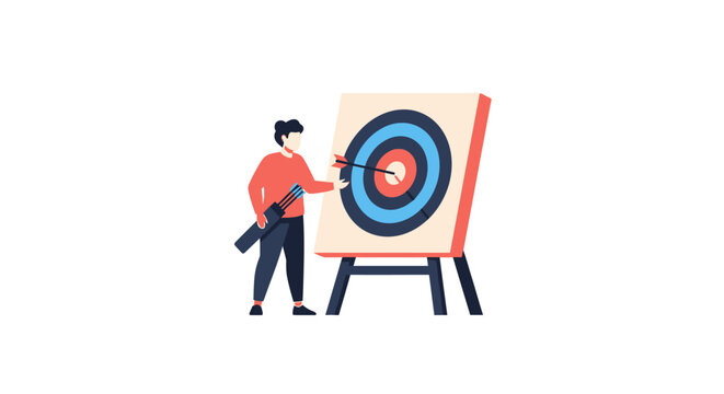 Focused archer hitting bullseye on colorful target board.