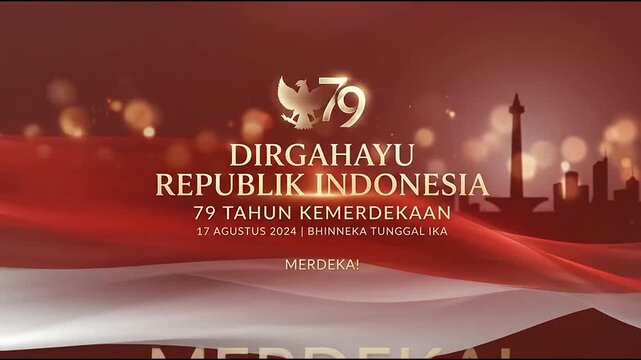 Indonesia independence day 79th anniversary celebration graphic animation featuring golden national emblem and waving red white silk motion video background