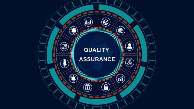 Quality Assurance service guarantee standard. Digital animation glowing blue circuit lines, technology, data flow.4k quality animation video