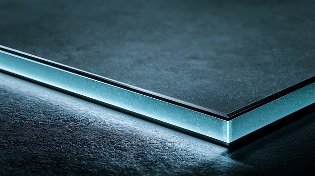 Glass slab with glowing blue edge on dark stone surface