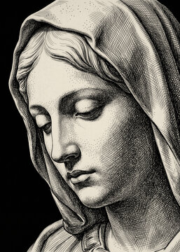 Vintage Close Up Portrait of Veiled Virgin Mary Weeping