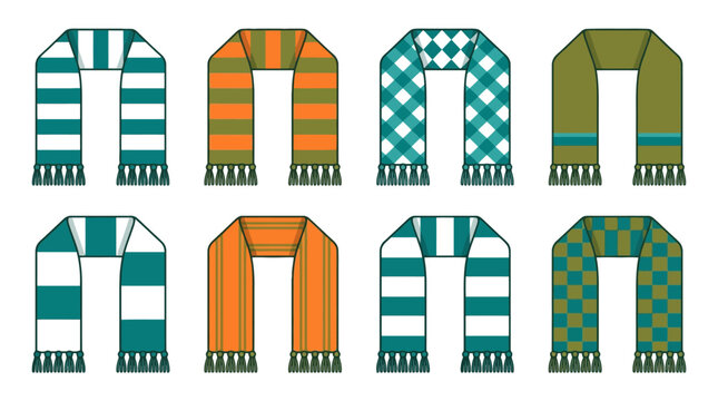 Collection of colorful winter scarves with various patterns and fringes 2. EPS Editable