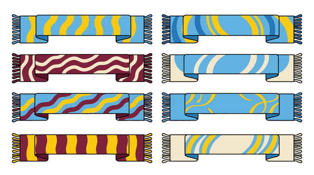 Collection of colorful winter scarves with various patterns and fringes 1. EPS Editable