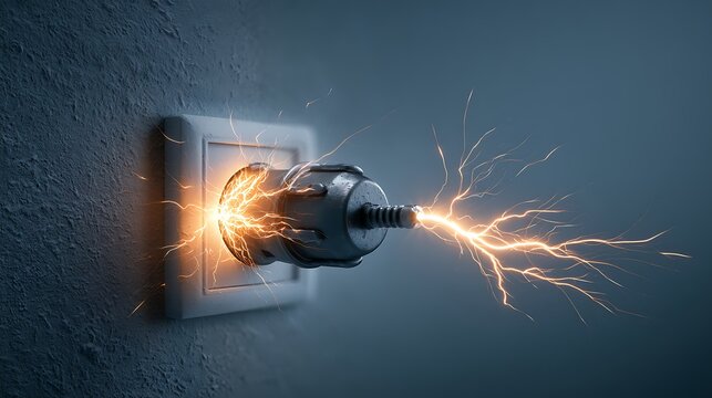Electrical short circuit at wall outlet with sparks and lightning