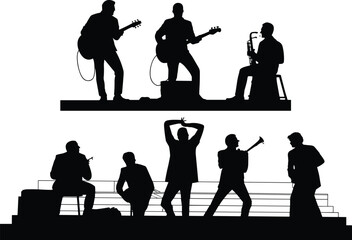 Live Music Band Silhouette Collection with Guitar Bass Saxophone Trumpet and Jazz Performance Musicians © MstSakila
