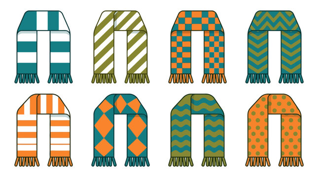Set of colorful winter scarves with various geometric patterns and fringe details. EPS Editable