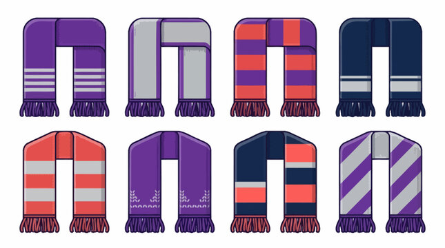 Collection of colorful knitted winter scarves with various patterns and fringes. EPS Editable