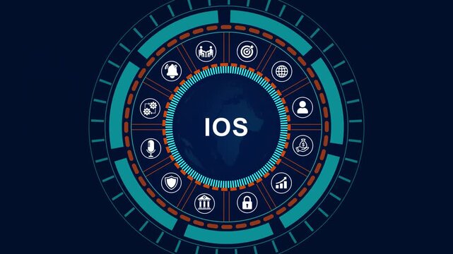 Digital circuit board with IOS text and warning symbol on black background cost per acquisition technology.4k quality animation video .