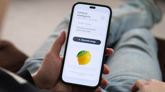 POV of an AI image generation result on a smartphone. The interface shows the input prompt, the generated 4K lemon image, and AI inference details. Ideal for illustrating AI creativity, machine