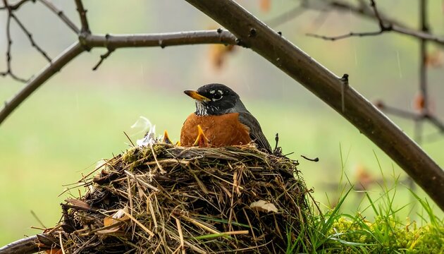 Alert American Robin Sitting on Nest Beneath Bare Tree Branches in Spring Garden