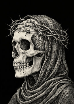 Vintage Gothic Skull Wearing Crown of Thorns Dark Fantasy Illustration
