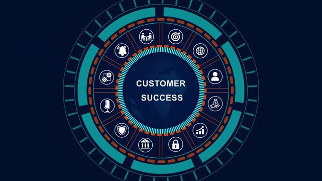 shows glowing neon line banner of CUSTOMER SUCCESS concept with icons of business, responsibility, customers, integrity, goals, teamwork, commitment and innovation .4k quality motion video