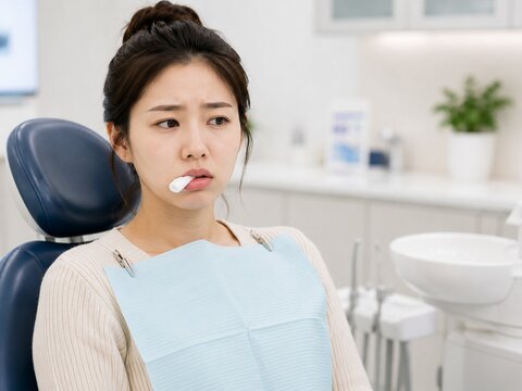 Woman holding gauze after tooth extraction in dental clinic