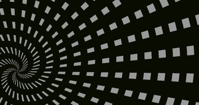 Abstract motion background with rotating grey square patterns in a spiral formation, seamless digital tunnel animation.