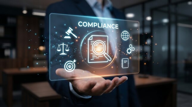 Businessman holding virtual interface with compliance icons including scales of justice and document search for regulatory adherence and business auditing processes