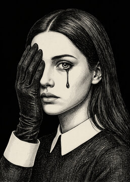 Melancholic Gothic Woman Crying a Dark Tear with Black Glove