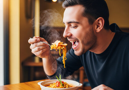 Man Eating Spicy Seblak Noodle at Restaurant with Steam
