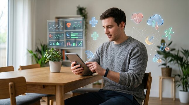 Man using tablet with floating health data holograms including heart rate sleep activity and wellness metrics for personal healthcare tracking and digital health monitoring at home