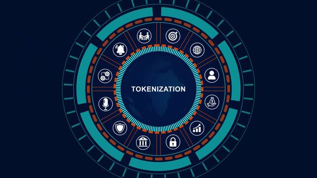 Digital infographic diagram with Tokenization text and technology icons on dark background natural language processing,4k quality animation video