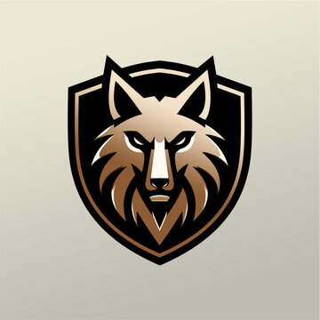 Elegant golden wolf head in shield logo design on neutral background with wild animal strength creature predator