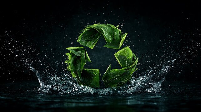 Recycle symbol made of fresh green leaves splashing in water