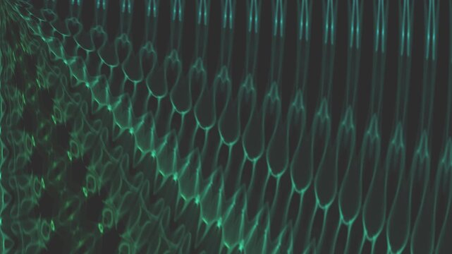 A vibrant, dynamic digital wave pattern in shades of green and blue neon lights