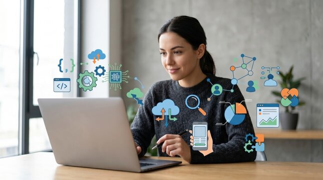Female developer working on laptop with digital icons overlay, representing software development and cloud computing technology