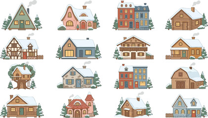 Fototapeta premium Winter cozy houses vector collection with snow covered roofs cabins cottages and pine trees isolated on white background