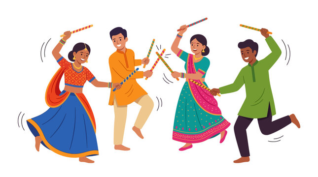 Joyful individuals celebrating navratri with garba dandiya raas dance. Ideal for festive posters, cultural event promotions.