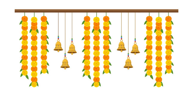 Marigold garlands, golden temple bells, indian door decoration  perfect for festive events, religious ceremonies, and cultural celebrations themes.