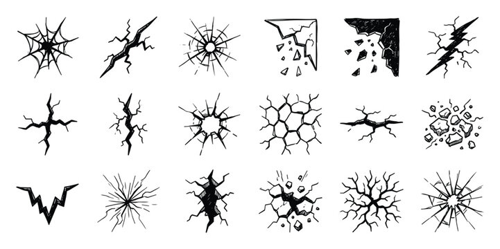 Broken wall elements, cracked glass icons, split texture set