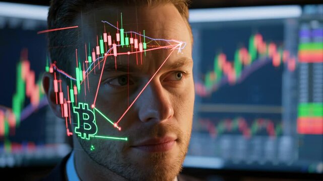 Close-up focused businessman with glowing holographic Bitcoin and financial candlestick charts overlay on face. Stock market, cryptocurrency trading and investment concept.