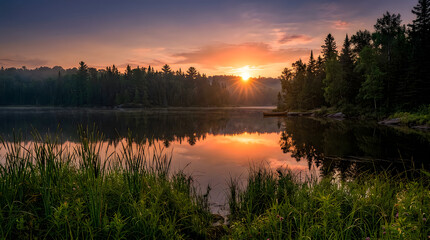 Obraz premium Serene sunset over calm lake surrounded by forest wilderness with landscape
