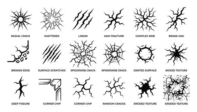 Cracked surface vector, wall damage set, broken glass icon