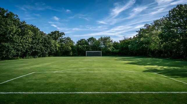 Empty soccer field with goal in green park