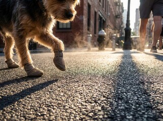 A dog in protective boots walks on hot asphalt