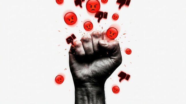 A hand in a fist and falling negative hate emojis and thumbs-down icons
