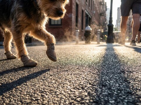 A dog in protective boots walks on hot asphalt